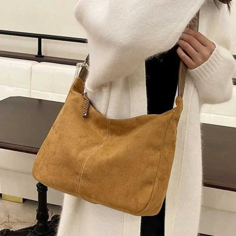 Suede Tote Bag Beige Large Capacity Shoulder Commute