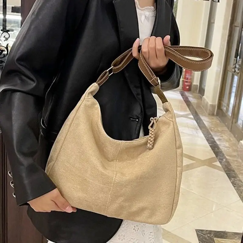 Suede Tote Bag Beige Large Capacity Shoulder Commute