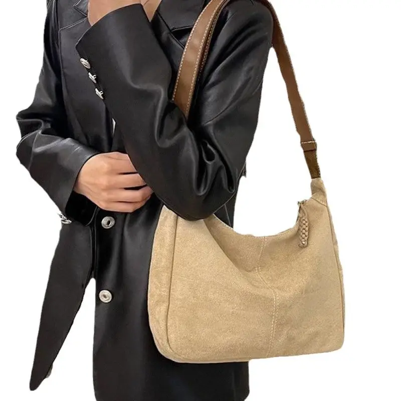 Suede Tote Bag Beige Large Capacity Shoulder Commute