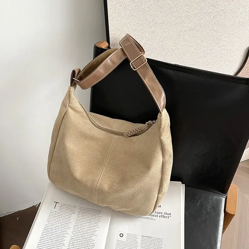 Suede Tote Bag Beige Large Capacity Shoulder Commute