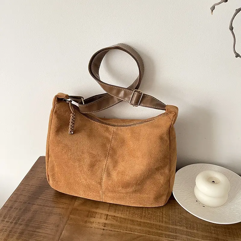 Suede Tote Bag Beige Large Capacity Shoulder Commute