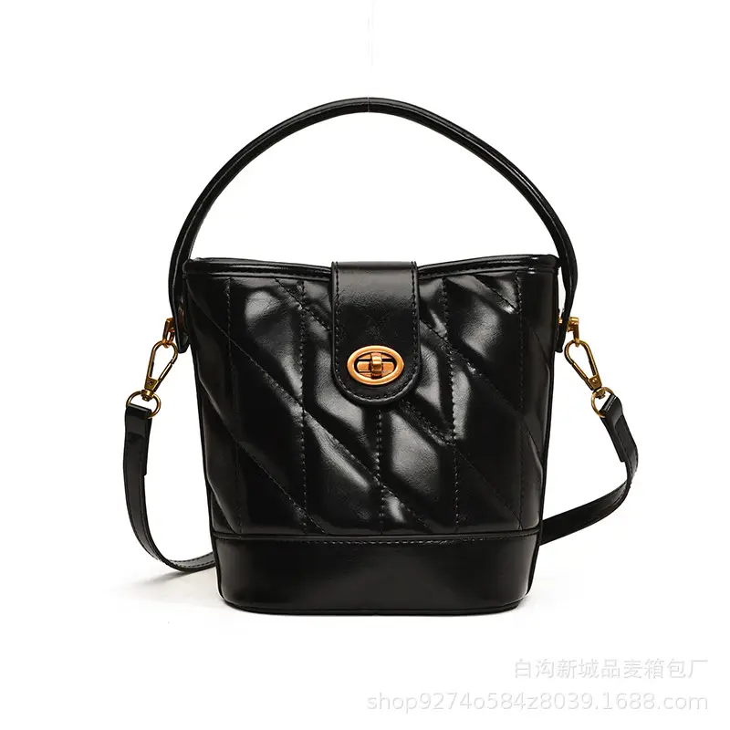 2026 Winter Quilted Black Bucket Bag with Gold Logo - Image 8