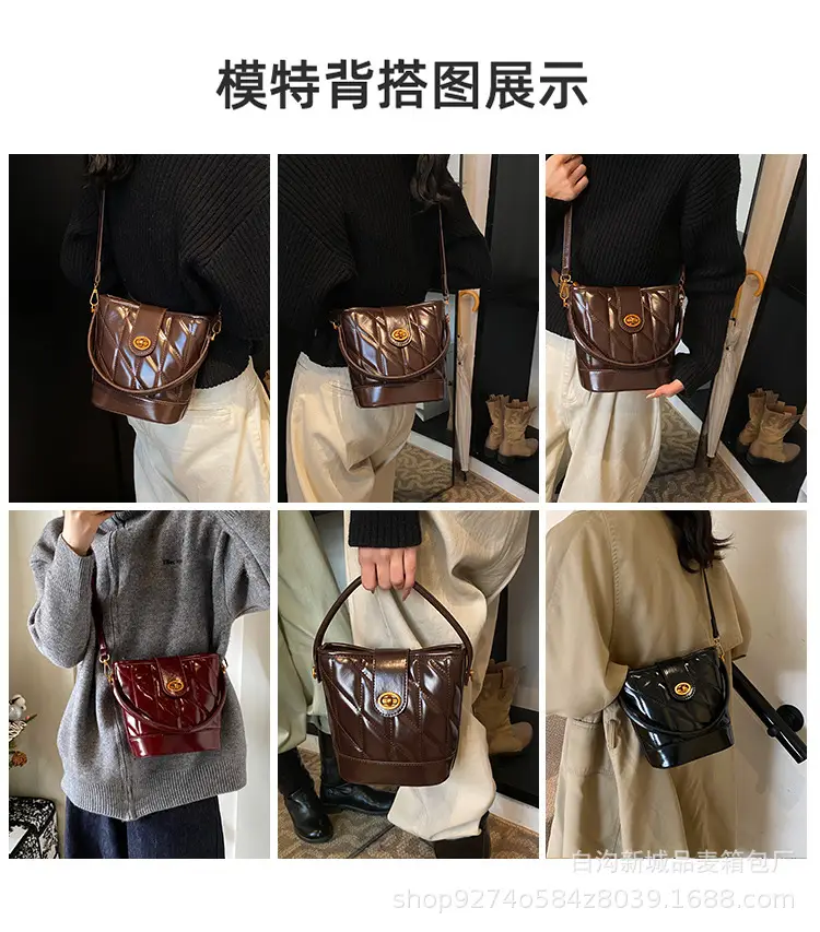 2026 Winter Quilted Black Bucket Bag with Gold Logo — feature 2