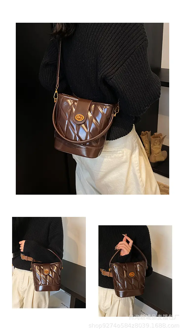 2026 Winter Quilted Black Bucket Bag with Gold Logo — feature 3