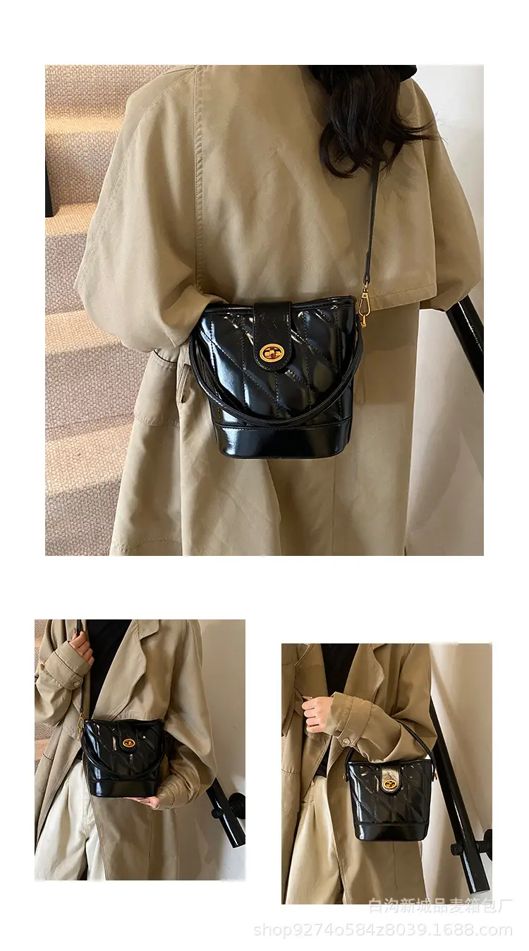 2026 Winter Quilted Black Bucket Bag with Gold Logo — feature 4