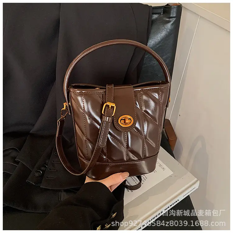 2026 Winter Quilted Black Bucket Bag with Gold Logo - Image 2