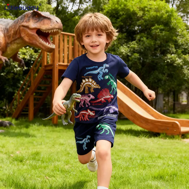 Kids Cartoon Dinosaur T-Shirt Shorts Set Navy Blue 2025 - Image 3