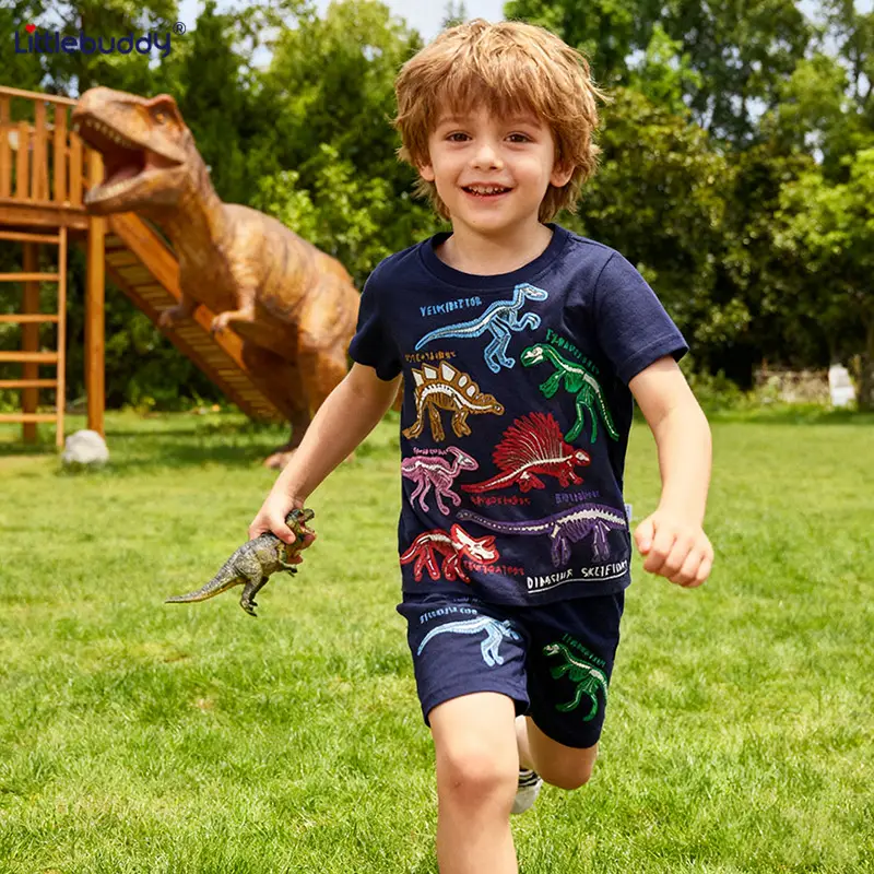 Kids Cartoon Dinosaur T-Shirt Shorts Set Navy Blue 2025 - Image 4