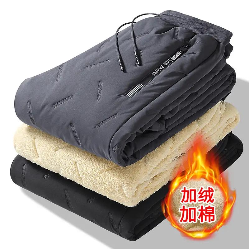 Cross-border plus size Winter Windproof Waterproof fleece-lined Cotton Pants Lambskin Thickened Men's Outer Wear Sports Casual Pants for Men