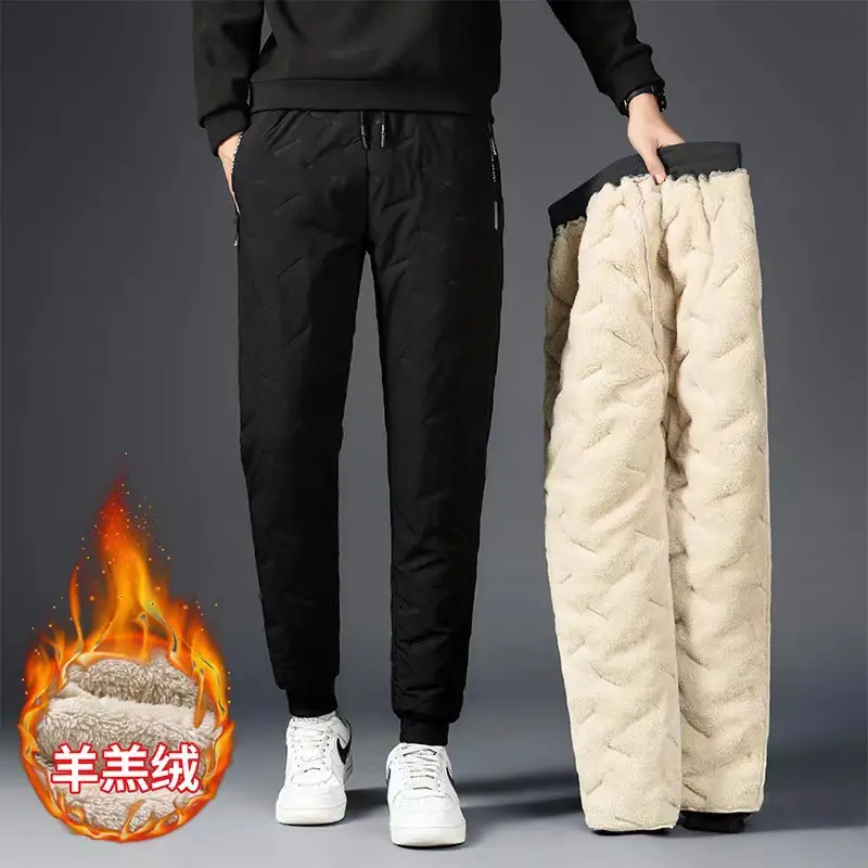 Cross-border plus size Winter Windproof Waterproof fleece-lined Cotton Pants Lambskin Thickened Men's Outer Wear Sports Casual Pants for Men