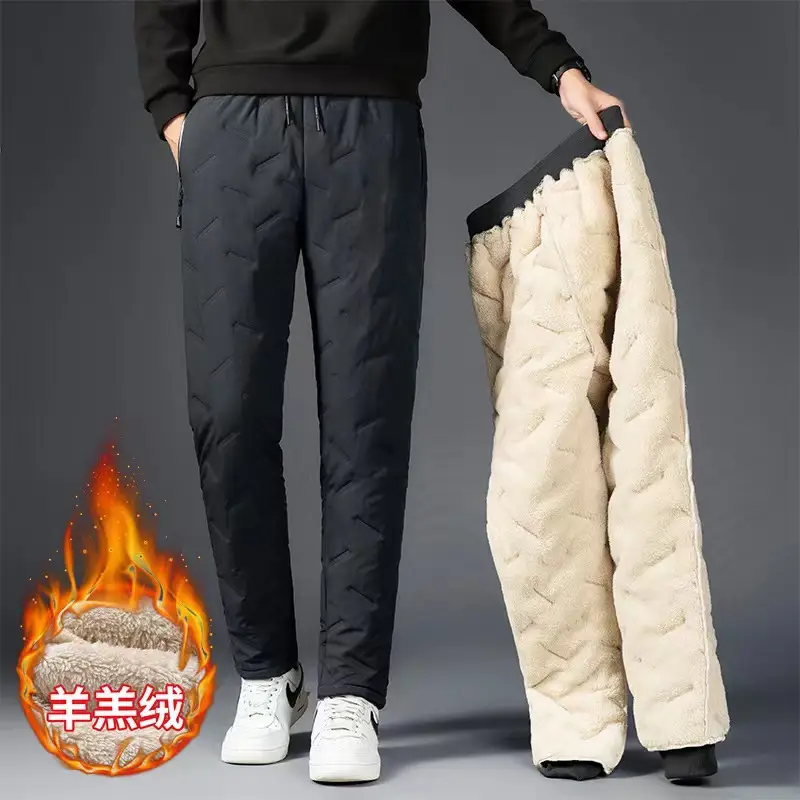 Cross-border plus size Winter Windproof Waterproof fleece-lined Cotton Pants Lambskin Thickened Men's Outer Wear Sports Casual Pants for Men
