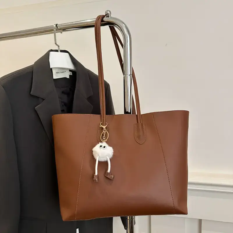 Brown Large Capacity Women's Tote Bag with Keychain - Image 11