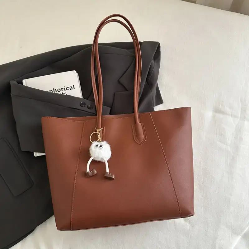 Brown Large Capacity Women's Tote Bag with Keychain - Image 3
