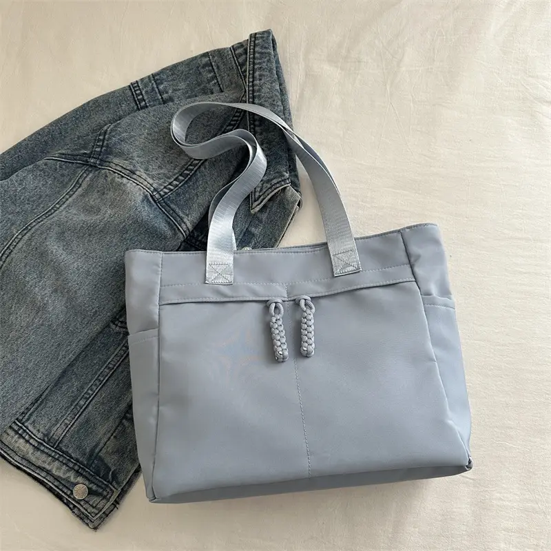 Women Large Canvas Tote Bag Grey Shoulder Cosmetic File Bag - Image 4