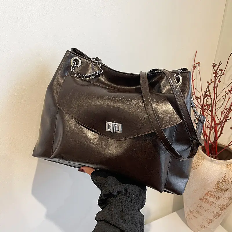 Black Leather Chain Shoulder Tote Bag for Women