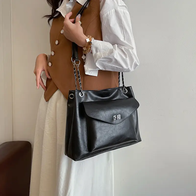 Black Leather Chain Shoulder Tote Bag for Women