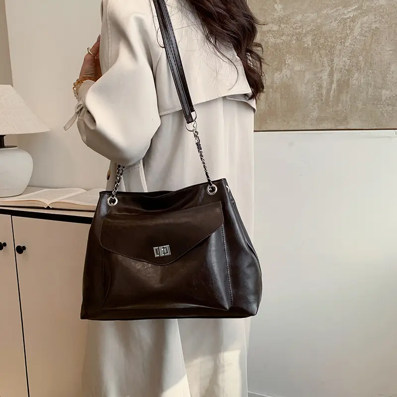 Black Leather Chain Shoulder Tote Bag for Women
