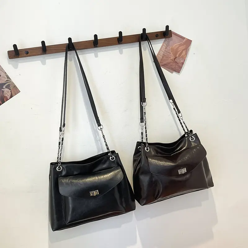 Black Leather Chain Shoulder Tote Bag for Women