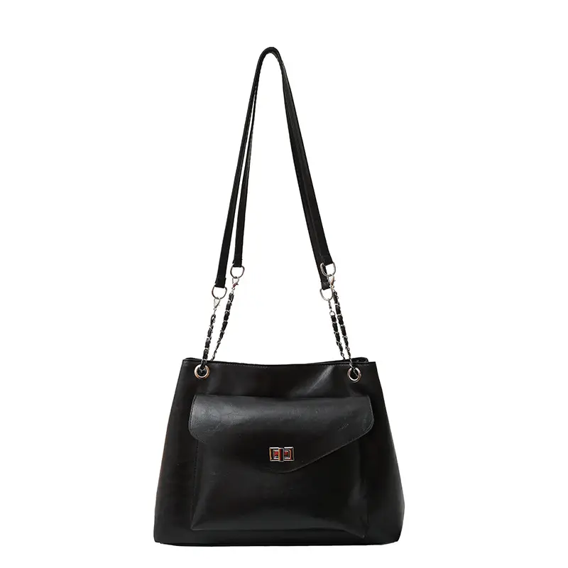 Black Leather Chain Shoulder Tote Bag for Women