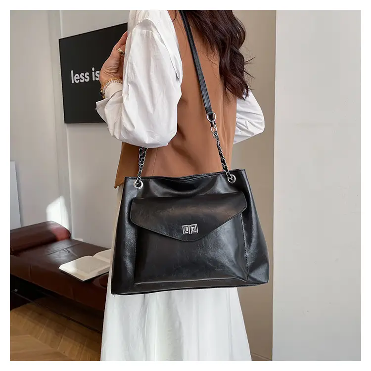 Black Leather Chain Shoulder Tote Bag for Women — feature 13