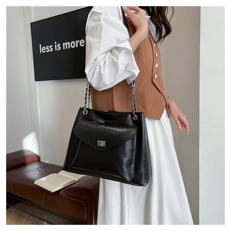 Black Leather Chain Shoulder Tote Bag for Women — feature 14