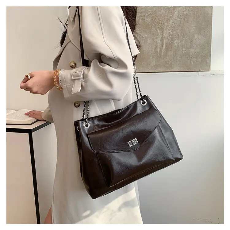 Black Leather Chain Shoulder Tote Bag for Women — feature 16