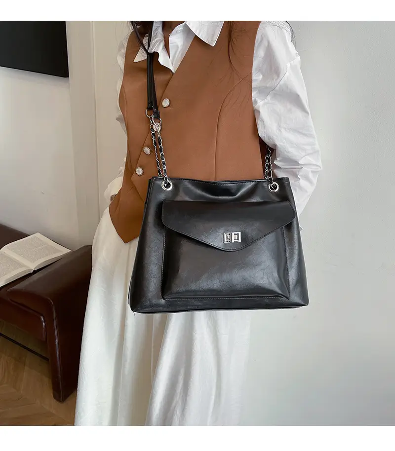 Black Leather Chain Shoulder Tote Bag for Women — feature 2