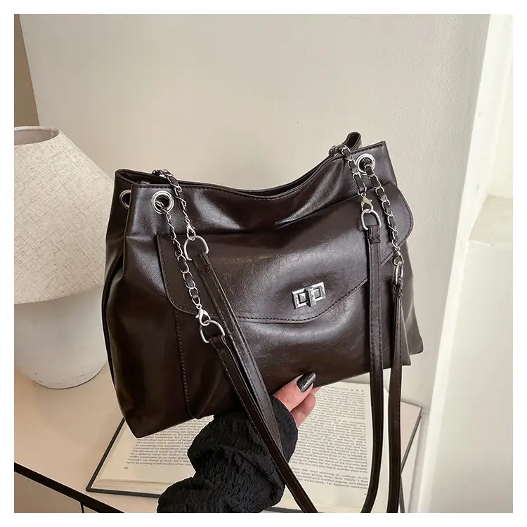 Black Leather Chain Shoulder Tote Bag for Women — feature 21