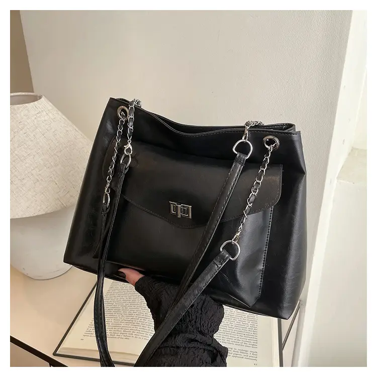 Black Leather Chain Shoulder Tote Bag for Women — feature 22