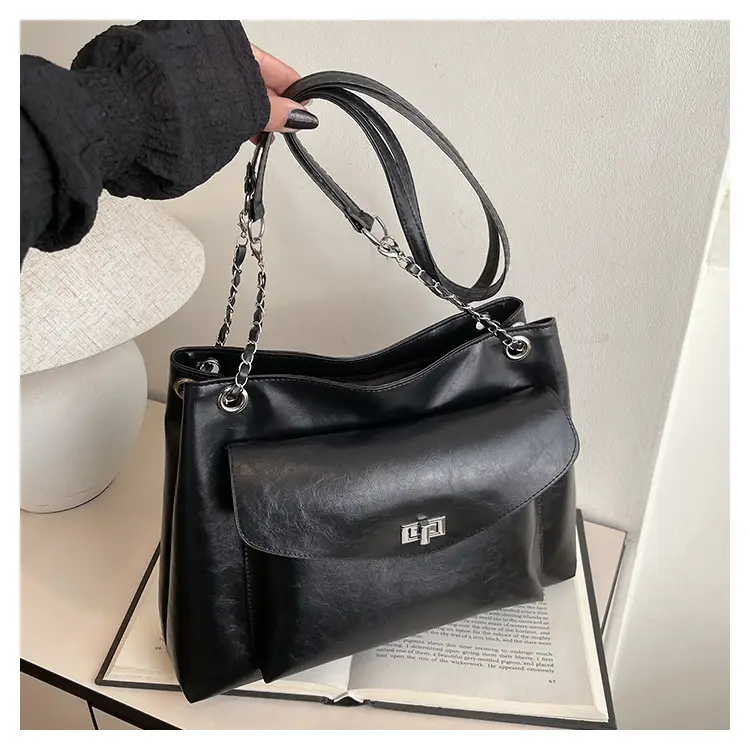 Black Leather Chain Shoulder Tote Bag for Women — feature 23