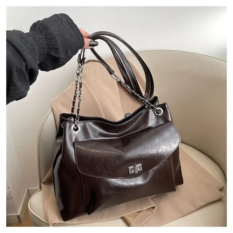 Black Leather Chain Shoulder Tote Bag for Women — feature 24