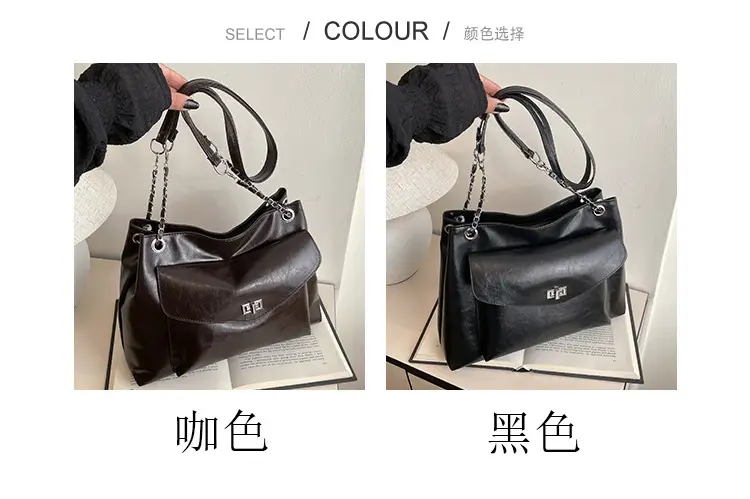 Black Leather Chain Shoulder Tote Bag for Women — feature 4