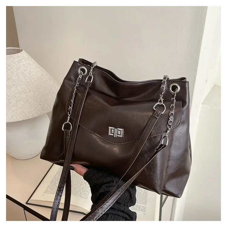 Black Leather Chain Shoulder Tote Bag for Women