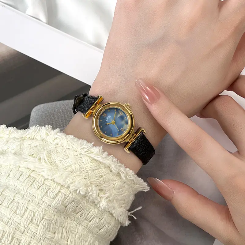 Gold Plated Women's Watch with Brown Leather Belt - Image 6
