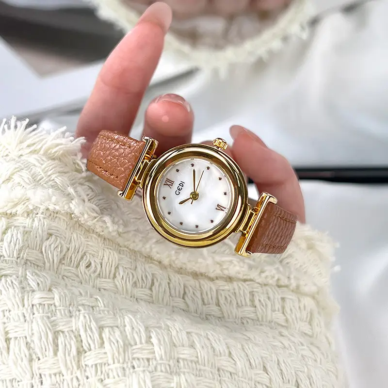 Gold Plated Women's Watch with Brown Leather Belt - Image 7
