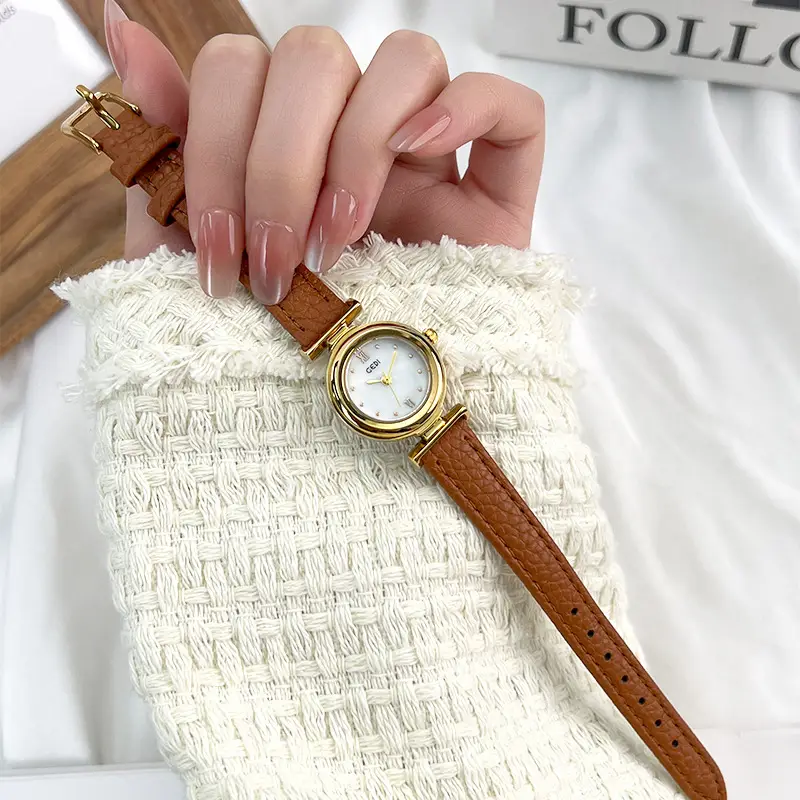Gold Plated Women's Watch with Brown Leather Belt - Image 8