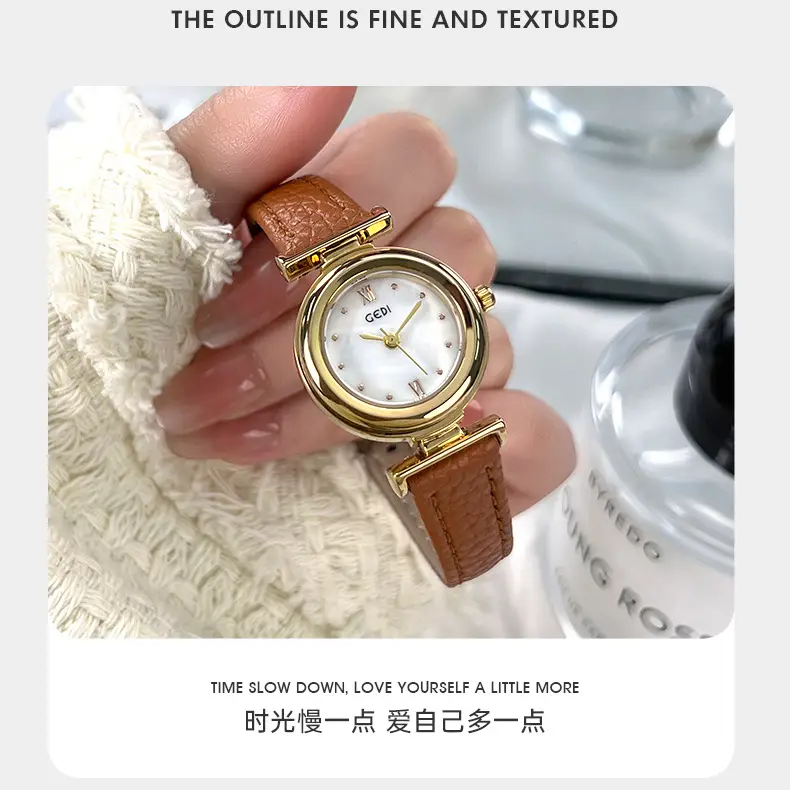 Gold Plated Women's Watch with Brown Leather Belt — feature 10