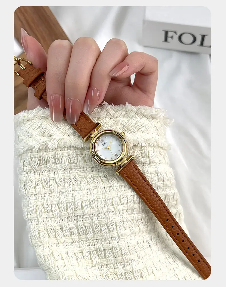 Gold Plated Women's Watch with Brown Leather Belt — feature 11