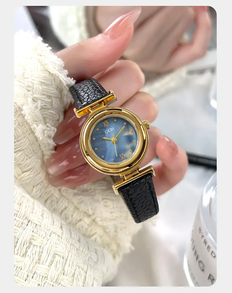 Gold Plated Women's Watch with Brown Leather Belt — feature 15