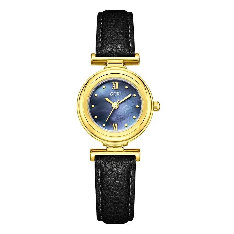 Gold Plated Women's Watch with Brown Leather Belt - Image 2