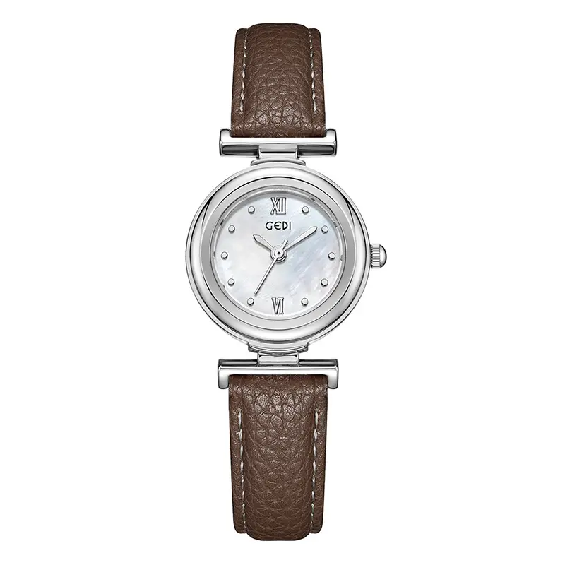 Gold Plated Women's Watch with Brown Leather Belt - Image 4