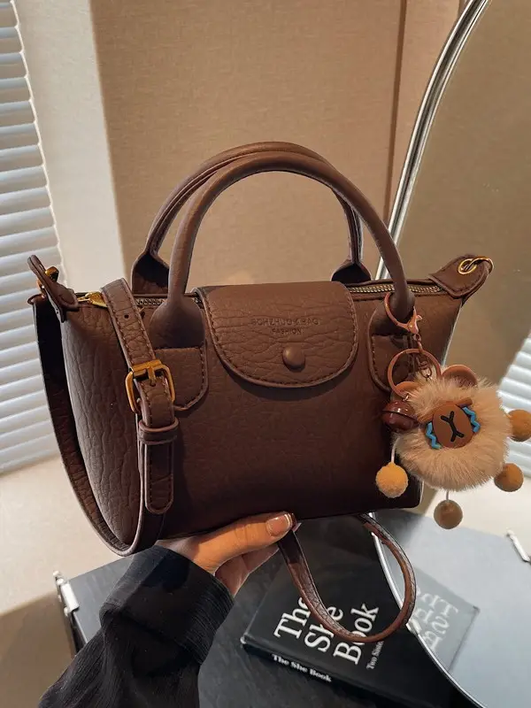 Brown Crossbody Bag with Faux Fur Pom Pom Charm