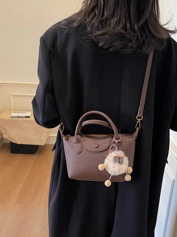 Brown Crossbody Bag with Faux Fur Pom Pom Charm