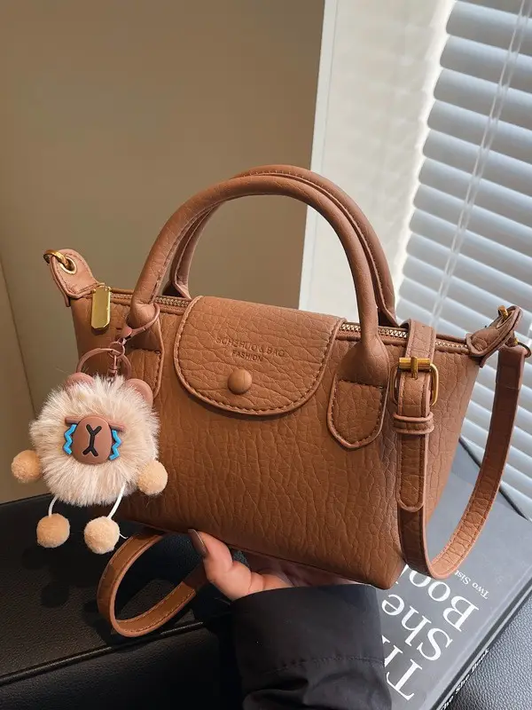 Brown Crossbody Bag with Faux Fur Pom Pom Charm