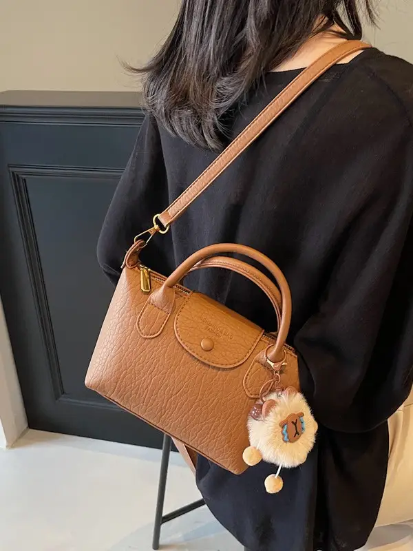 Brown Crossbody Bag with Faux Fur Pom Pom Charm