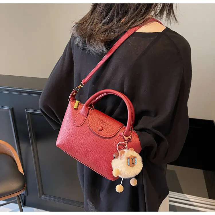 Brown Crossbody Bag with Faux Fur Pom Pom Charm — feature 10