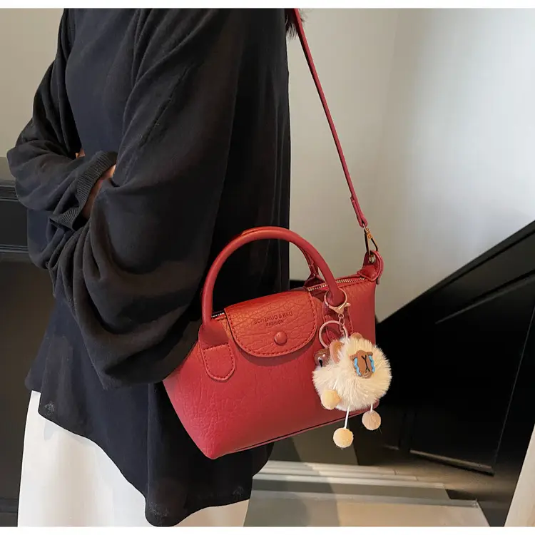Brown Crossbody Bag with Faux Fur Pom Pom Charm — feature 11