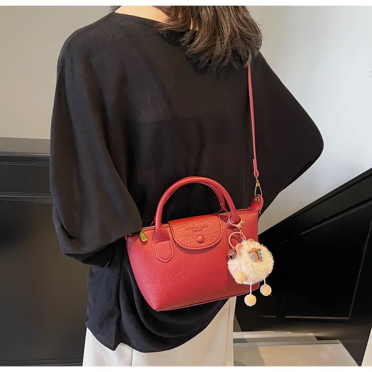 Brown Crossbody Bag with Faux Fur Pom Pom Charm — feature 12