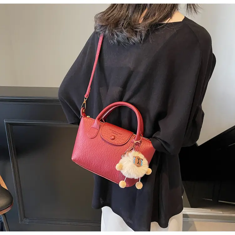 Brown Crossbody Bag with Faux Fur Pom Pom Charm — feature 13