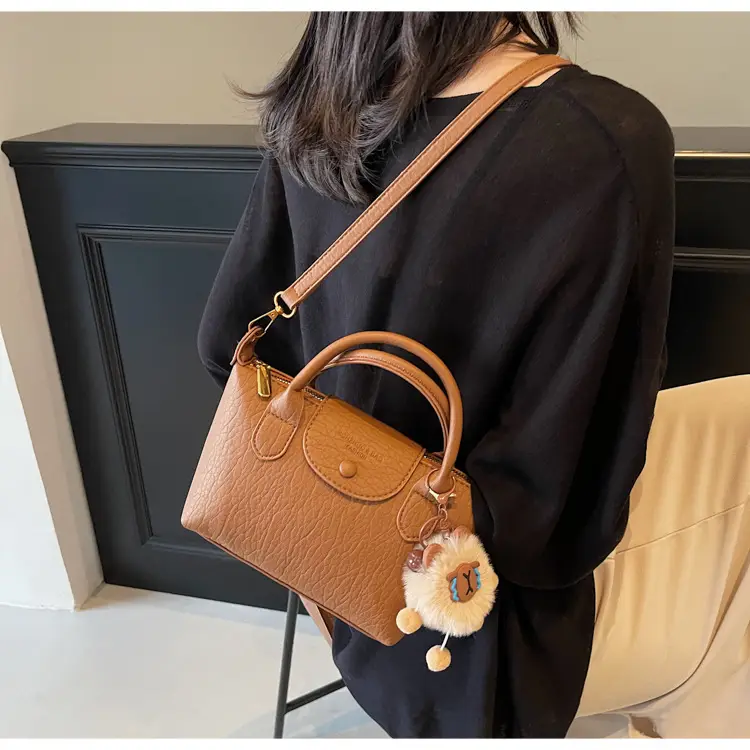 Brown Crossbody Bag with Faux Fur Pom Pom Charm — feature 14